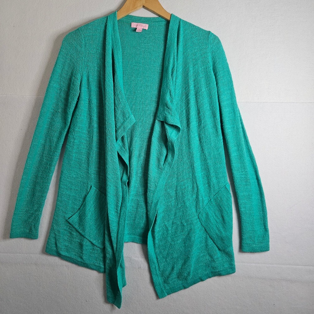 Lilly Pulitzer Green Open Front Cardigan Waterfall Sweater XS 24413 Pockets